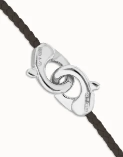 Pulsera de cuero marrón con mosquetón entrelazado en plata