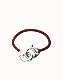 Pulsera de cuero marrón con mosquetón entrelazado