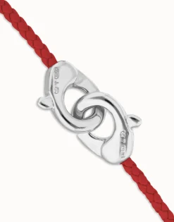 Pulsera de cuero rojo con mosquetón entrelazado en plata