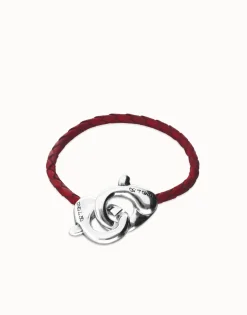 Pulsera de cuero rojo con mosquetón entrelazado
