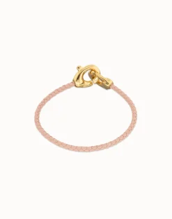 Pulsera de cuero rosa con mosquetón entrelazado en oro