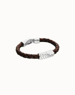 Pulsera de cuero trenzado marrón y detalle bañado en plata de ley