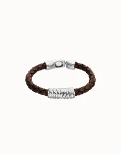 Pulsera de cuero trenzado marrón y detalle bañado en plata de ley