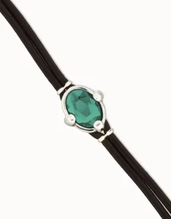 Pulsera de cuero y baño en plata con cristal facetado ovalado verde
