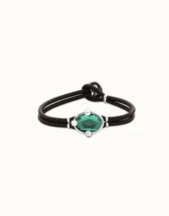 Pulsera de cuero y baño en plata con cristal facetado ovalado verde