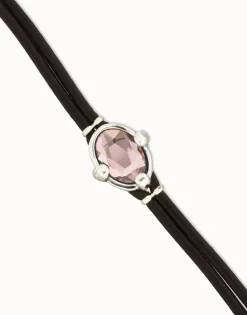 Pulsera de cuero y baño en plata con cristal facetado ovalado rosa