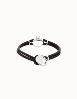 Pulsera de cuero y baño en plata con cristal facetado ovalado rosa