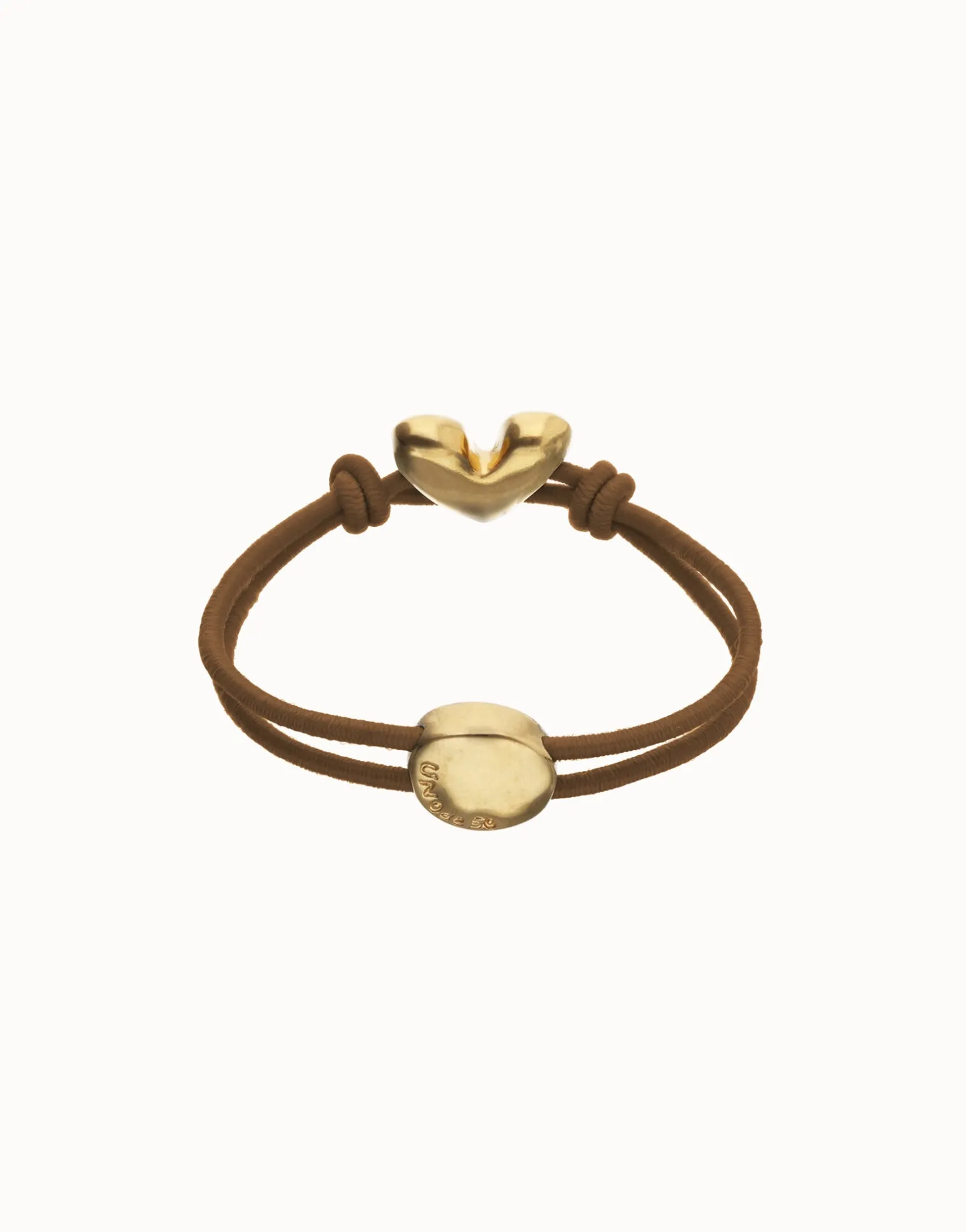 Pulsera de hilo elástico marrón con corazón bañado en oro 18k