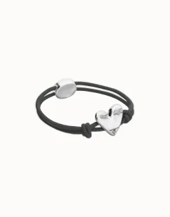 Pulsera de hilo elástico negro con corazón bañado en plata de ley