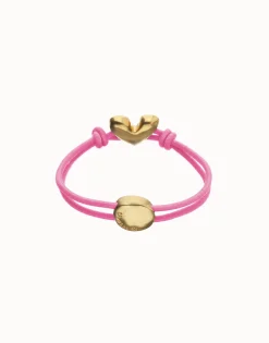 Pulsera de hilo elástico rosa con corazón bañado en oro 18k