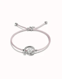 Pulsera de hilo lila con perla shell fornitura bañada en plata de ley.
