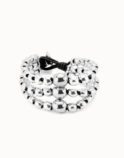 Pulsera de tres tiras de cuentas bañadas en plata de ley