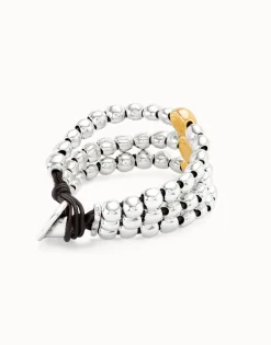 Pulsera de tres tiras de cuentas bañadas en plata de ley y bola en oro 18k
