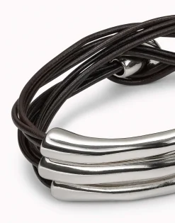 Pulsera de tres vueltas de cuero marrón y detalles bañados en plata de ley