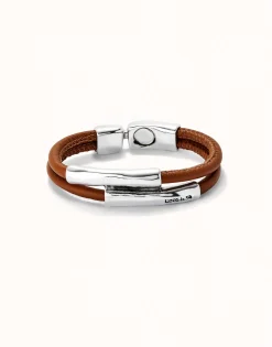 Pulsera doble cuero camel con dos tubos bañada en plata de ley