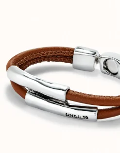 Pulsera doble cuero camel con dos tubos bañada en plata de ley