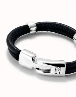 Pulsera doble cuero con 2 circunferencias bañadas en plata de ley