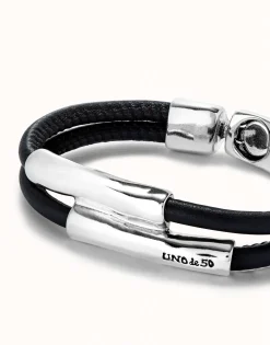 Pulsera doble cuero marron con dos tubos bañada en plata de ley