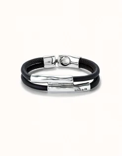 Pulsera doble cuero marron con dos tubos bañada en plata de ley