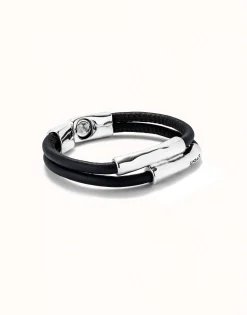 Pulsera doble cuero marron con dos tubos bañada en plata de ley