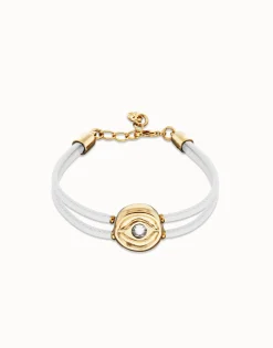 Pulsera doble de cuero blanco con ojo bañado en oro 18k