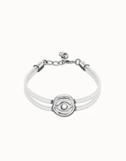 Pulsera doble de cuero blanco con ojo bañado en plata de ley