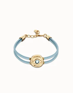 Pulsera doble de cuero celeste con ojo bañado en oro 18k