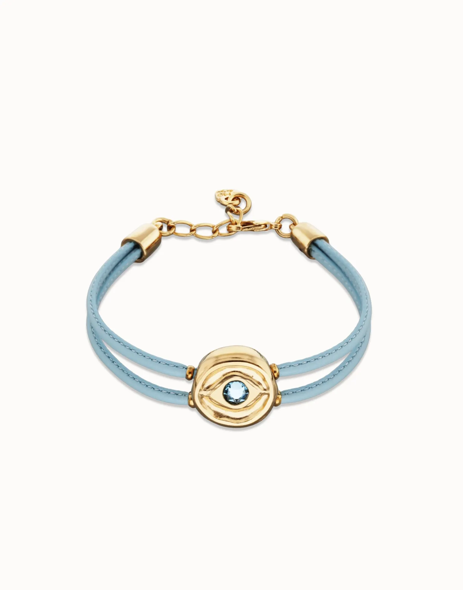 Pulsera doble de cuero celeste con ojo bañado en oro 18k