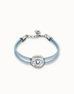 Pulsera doble de cuero celeste con ojo bañado en plata de ley