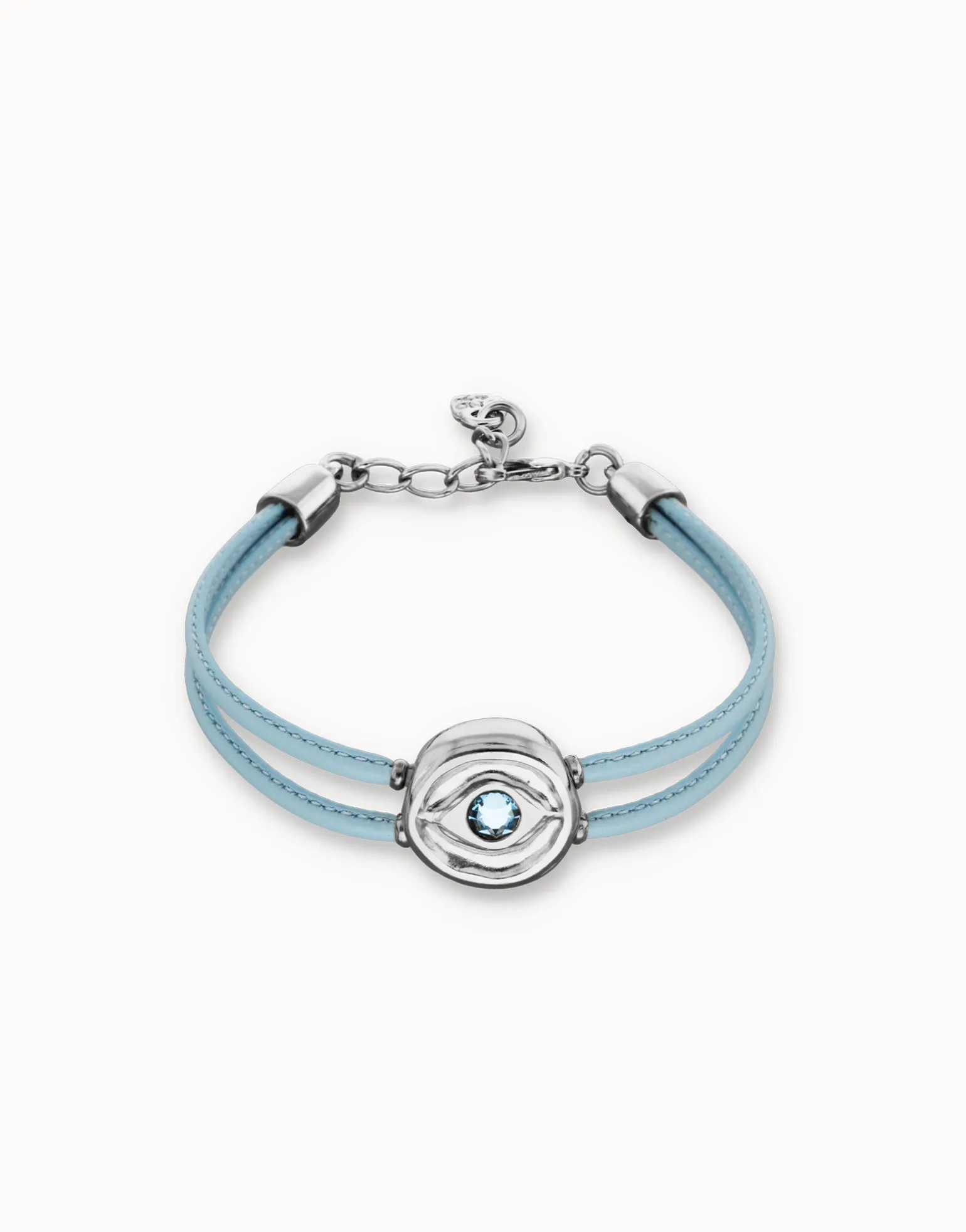 Pulsera doble de cuero celeste con ojo bañado en plata de ley