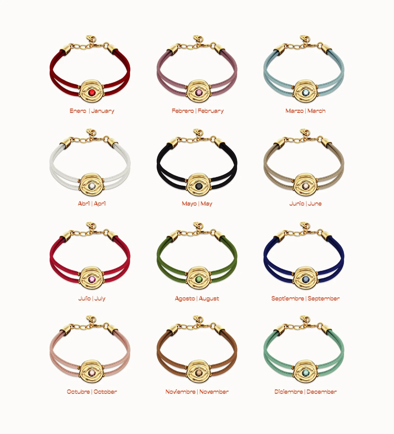 Pulsera doble de cuero crema con ojo bañado en plata de ley