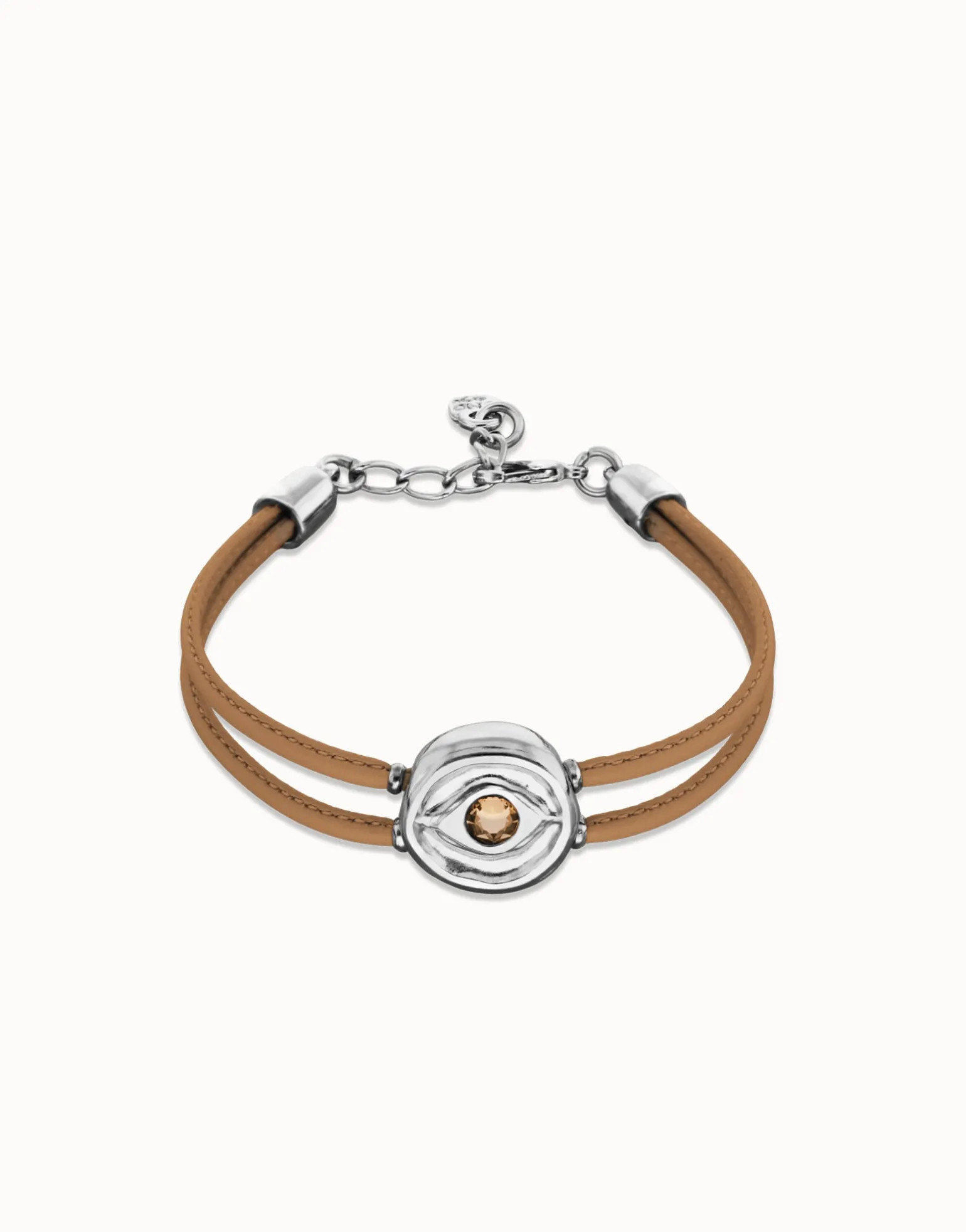 Pulsera doble de cuero crema con ojo bañado en plata de ley
