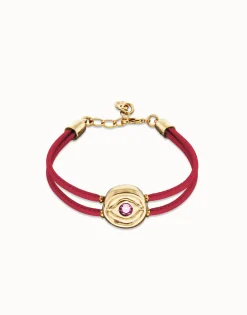 Pulsera doble de cuero fucsia con ojo bañado en oro 18k
