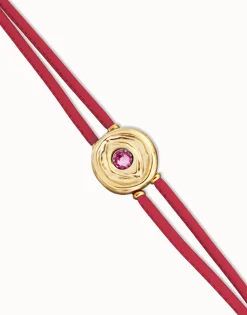 Pulsera doble de cuero fucsia con ojo bañado en oro 18k