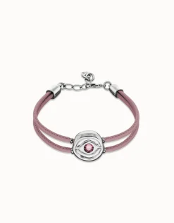 Pulsera doble de cuero lila con ojo bañado en plata de ley
