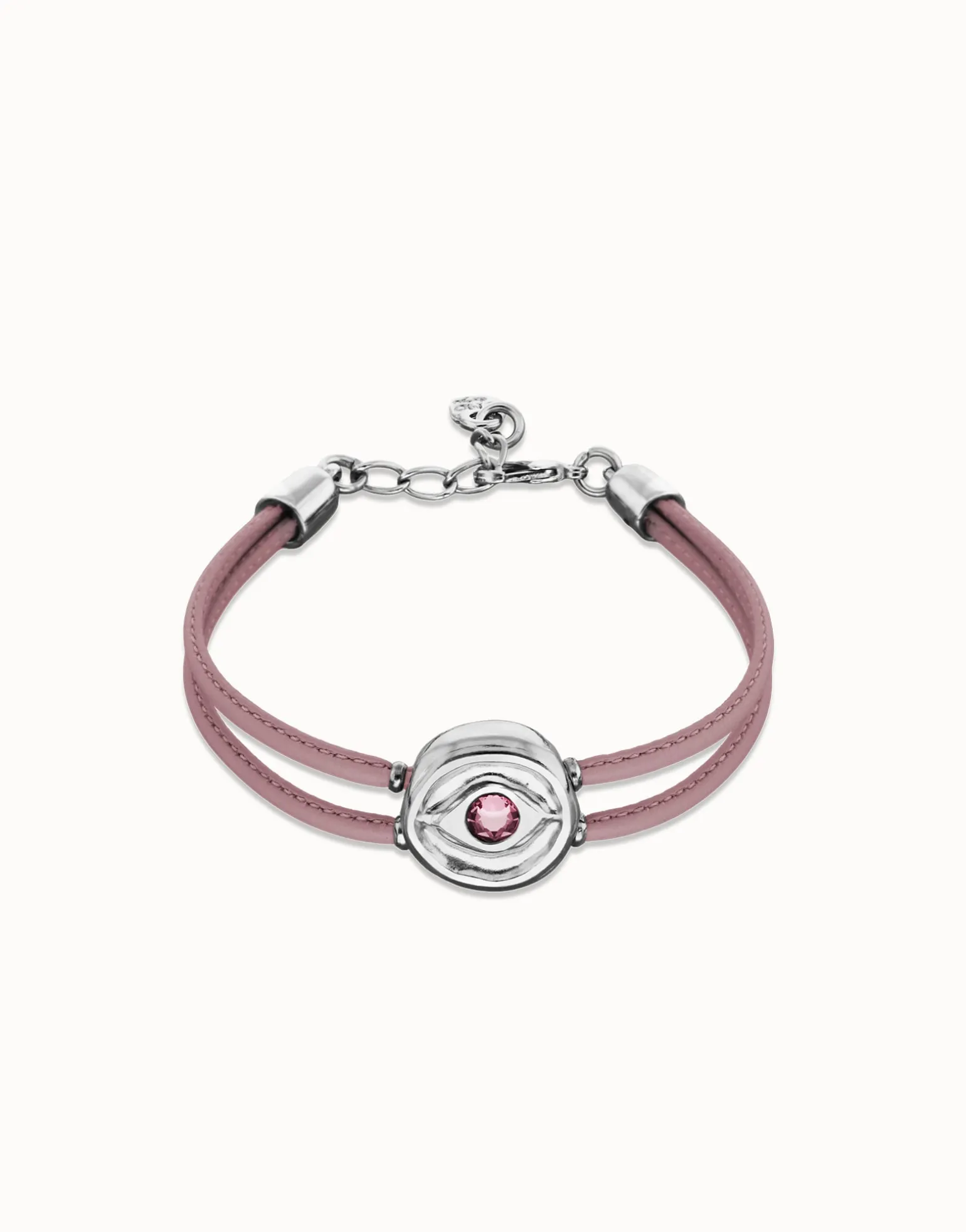 Pulsera doble de cuero lila con ojo bañado en plata de ley
