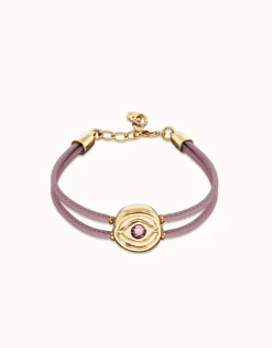 Pulsera doble de cuero lila con ojo bañado en oro 18k