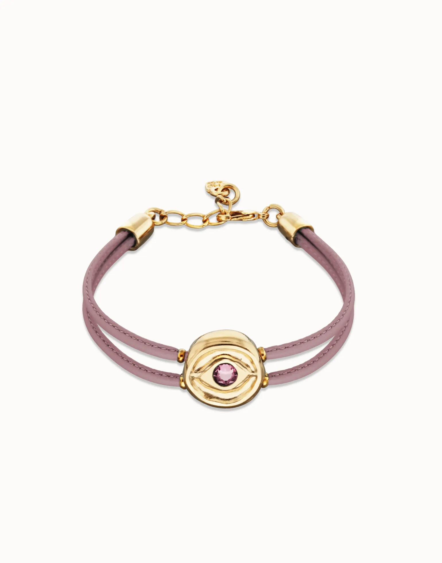 Pulsera doble de cuero lila con ojo bañado en oro 18k