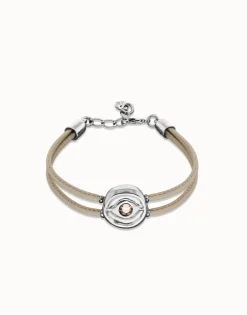 Pulsera doblede cuero marfil con ojo bañado en plata de ley