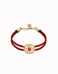 Pulsera doble de cuero rojo con ojo bañado en oro 18k
