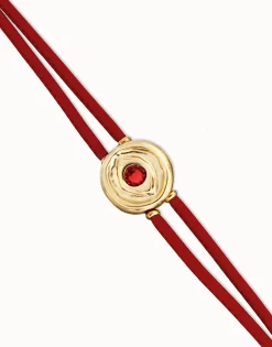 Pulsera doble de cuero rojo con ojo bañado en oro 18k