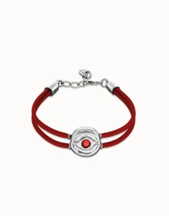 Pulsera doble de cuero rojo con ojo bañado en plata de ley