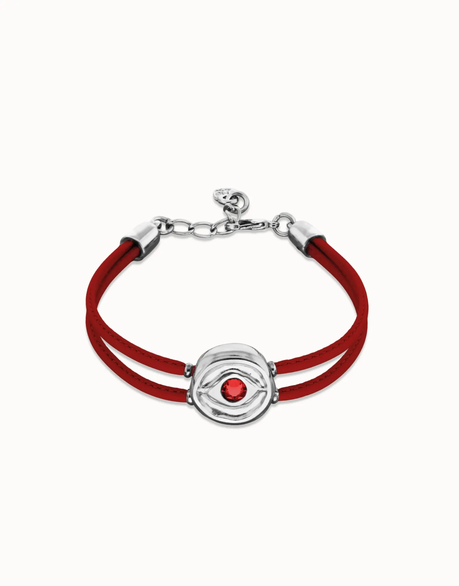 Pulsera doble de cuero rojo con ojo bañado en plata de ley