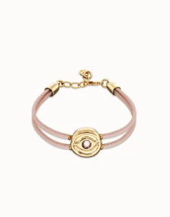 Pulsera doble de cuero rosa con ojo bañado en oro 18k