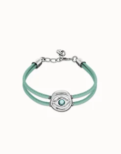 Pulsera doble de cuero turquesa con ojo bañado en plata de ley