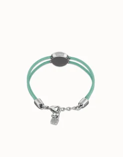 Pulsera doble de cuero turquesa con ojo bañado en plata de ley
