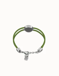 Pulsera doble de cuero verde con ojo bañado en plata de ley