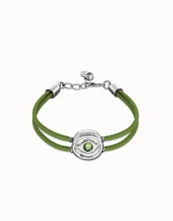Pulsera doble de cuero verde con ojo bañado en plata de ley