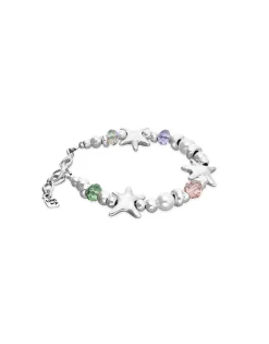 Pulsera elástica bañada en plata con cristales multicolor y estrellas de mar