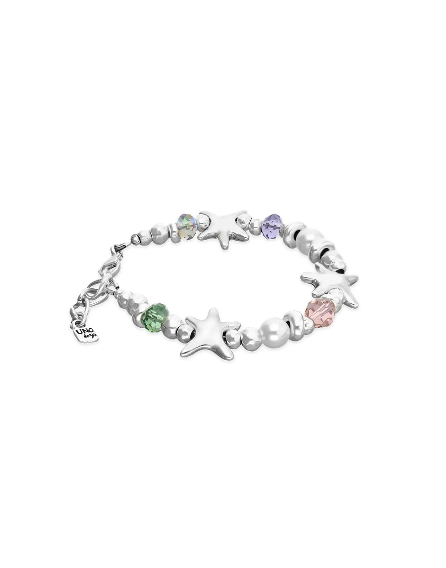 Pulsera elástica bañada en plata con cristales multicolor y estrellas de mar